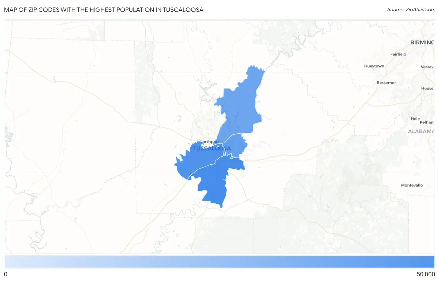 Zip Codes with the Highest Population in Tuscaloosa Map