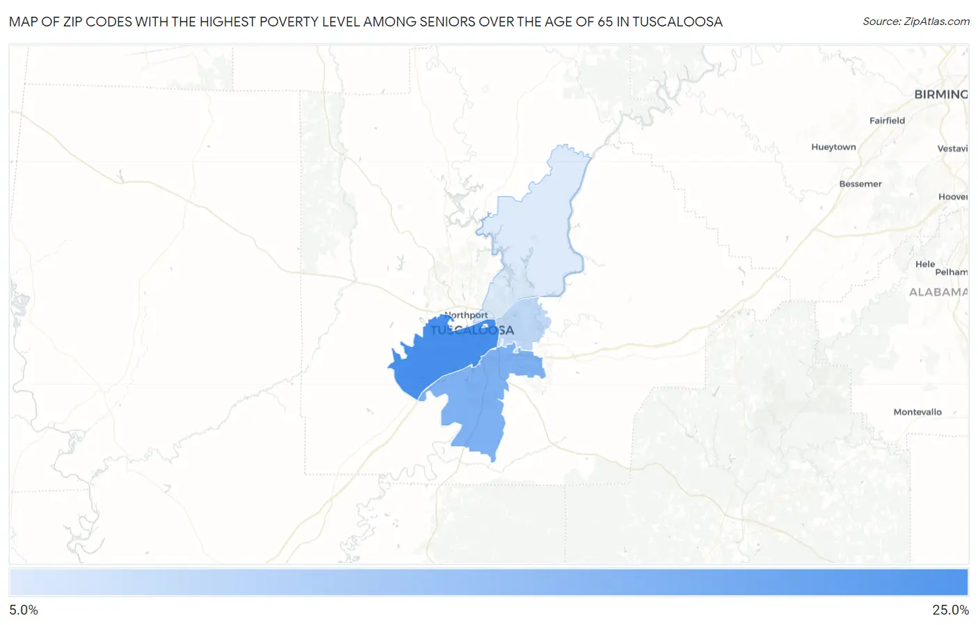 Zip Codes with the Highest Poverty Level Among Seniors Over the Age of 65 in Tuscaloosa Map