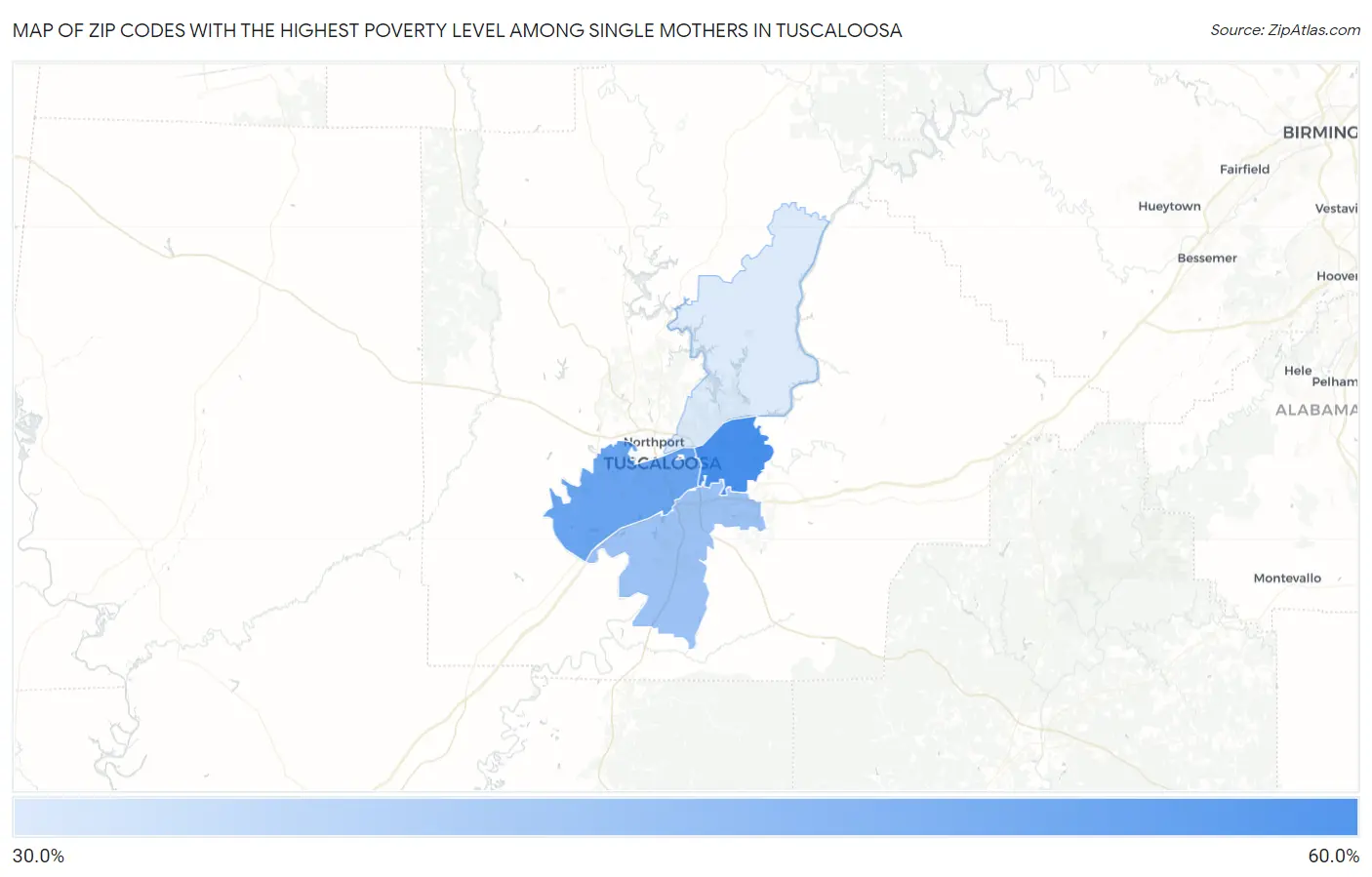 Zip Codes with the Highest Poverty Level Among Single Mothers in Tuscaloosa Map