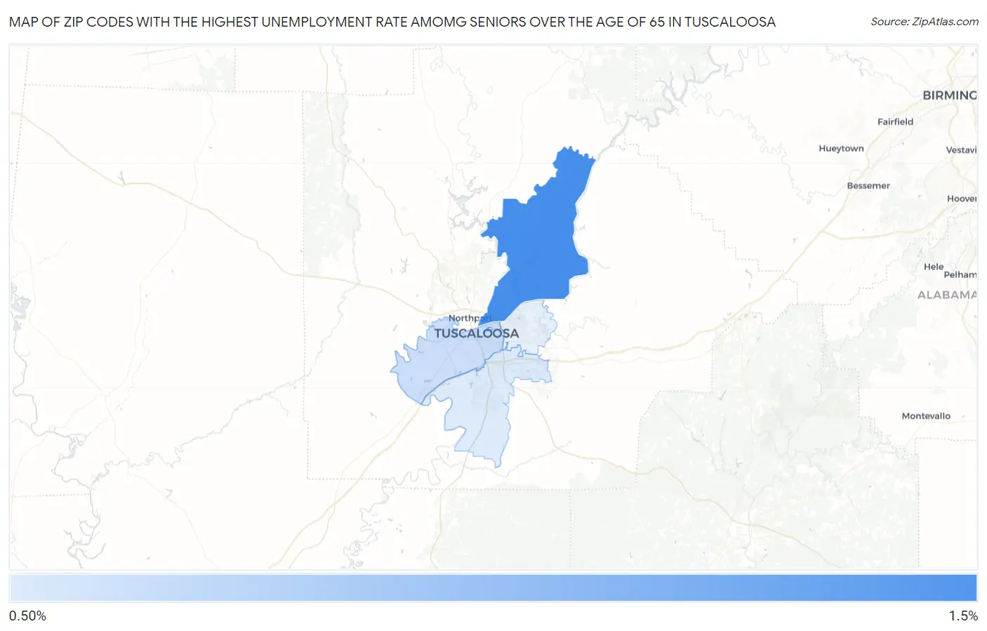 Zip Codes with the Highest Unemployment Rate Amomg Seniors Over the Age of 65 in Tuscaloosa Map