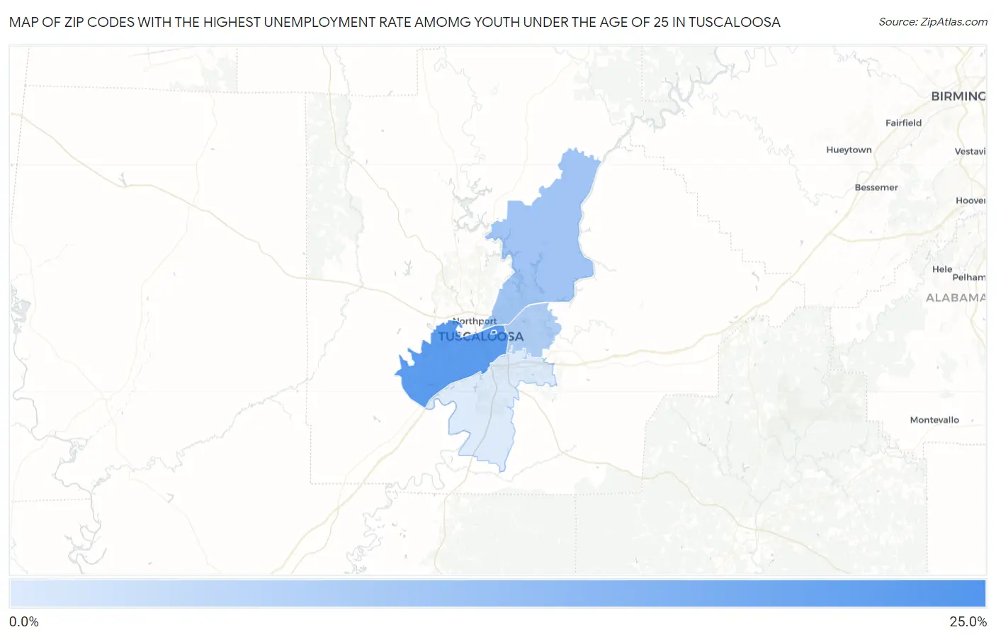 Zip Codes with the Highest Unemployment Rate Amomg Youth Under the Age of 25 in Tuscaloosa Map