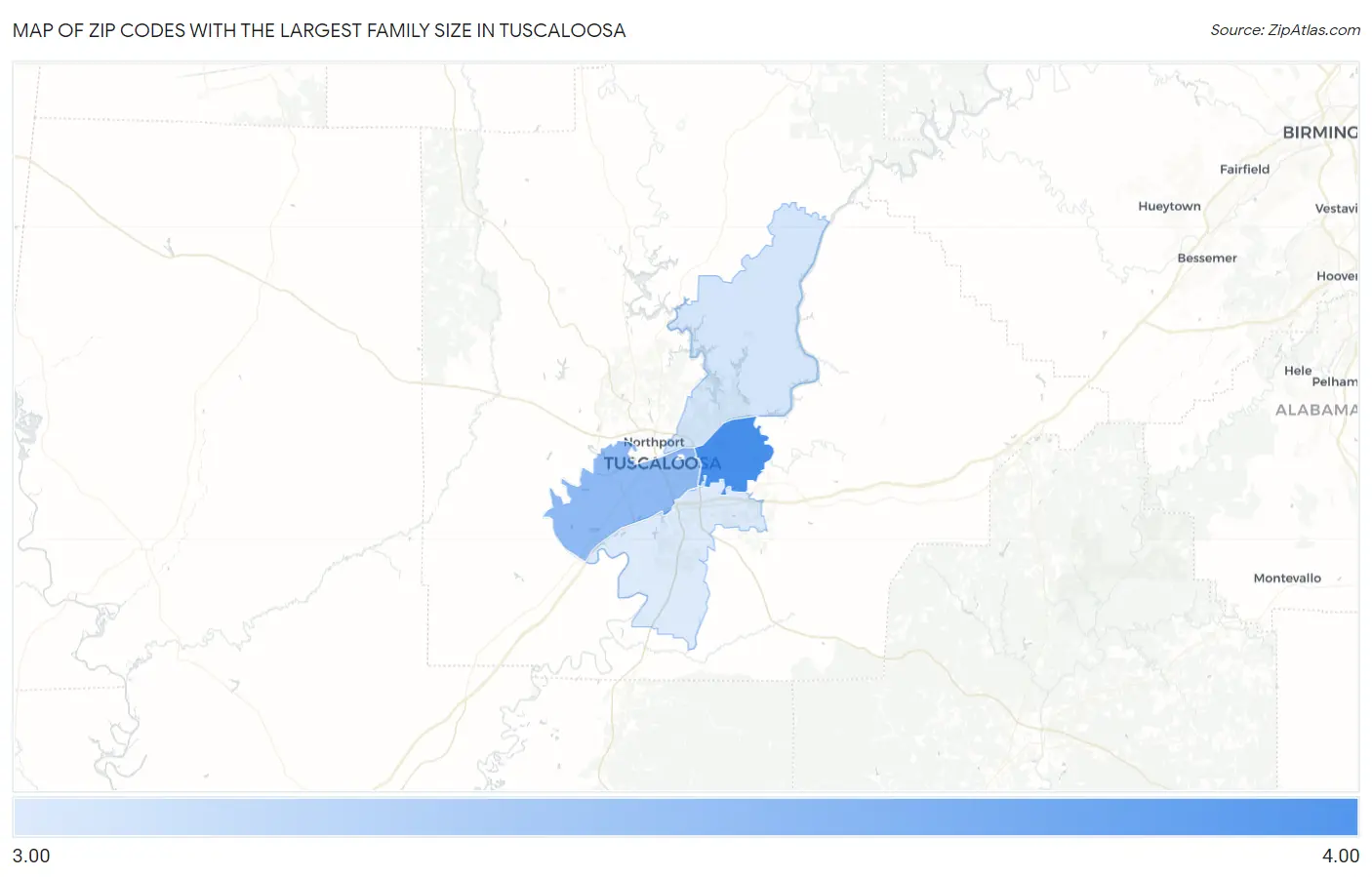 Zip Codes with the Largest Family Size in Tuscaloosa Map