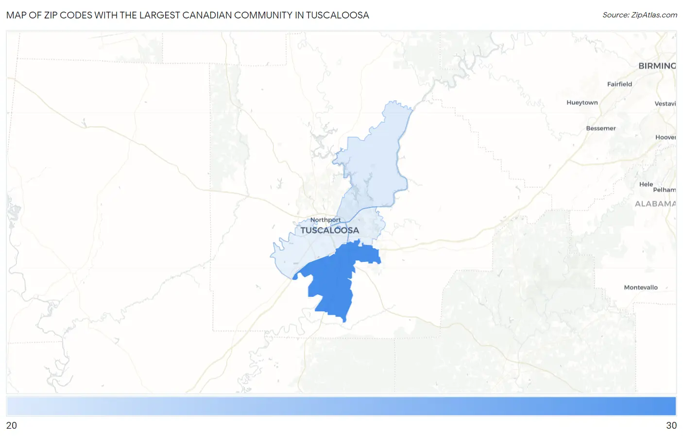 Zip Codes with the Largest Canadian Community in Tuscaloosa Map