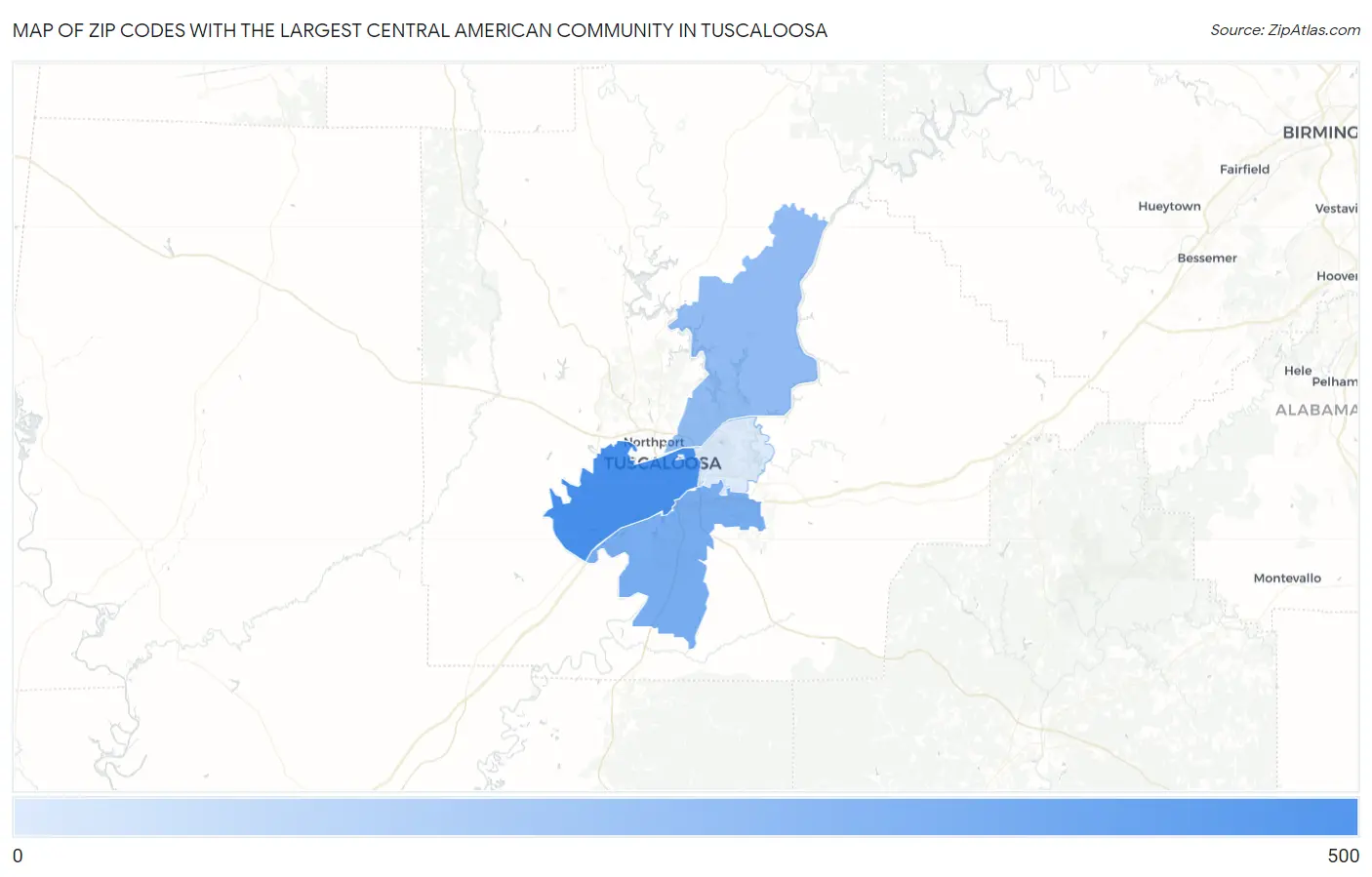 Zip Codes with the Largest Central American Community in Tuscaloosa Map