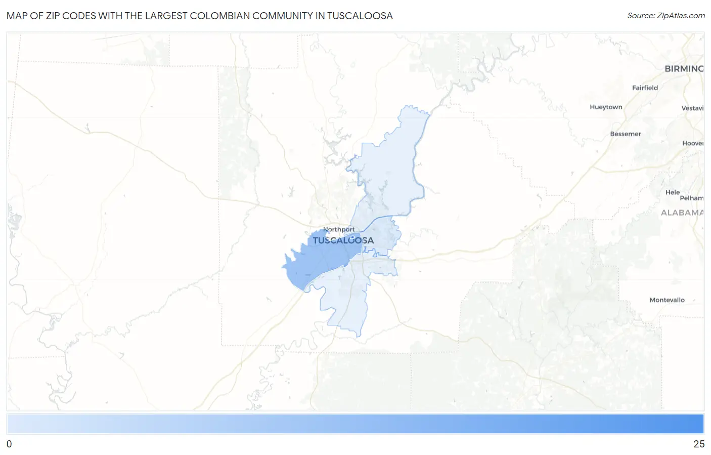 Zip Codes with the Largest Colombian Community in Tuscaloosa Map