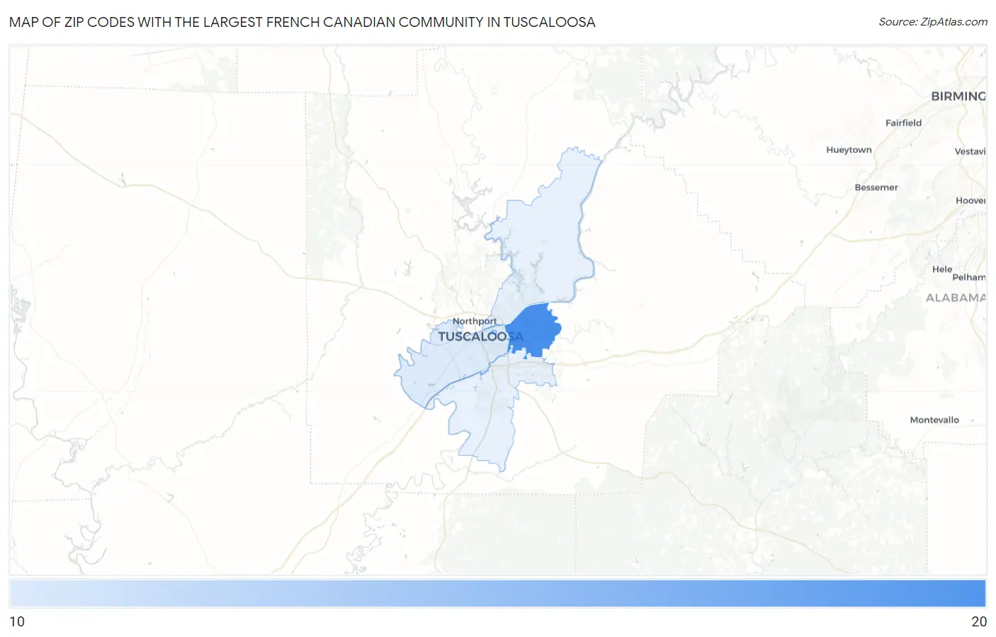 Zip Codes with the Largest French Canadian Community in Tuscaloosa Map
