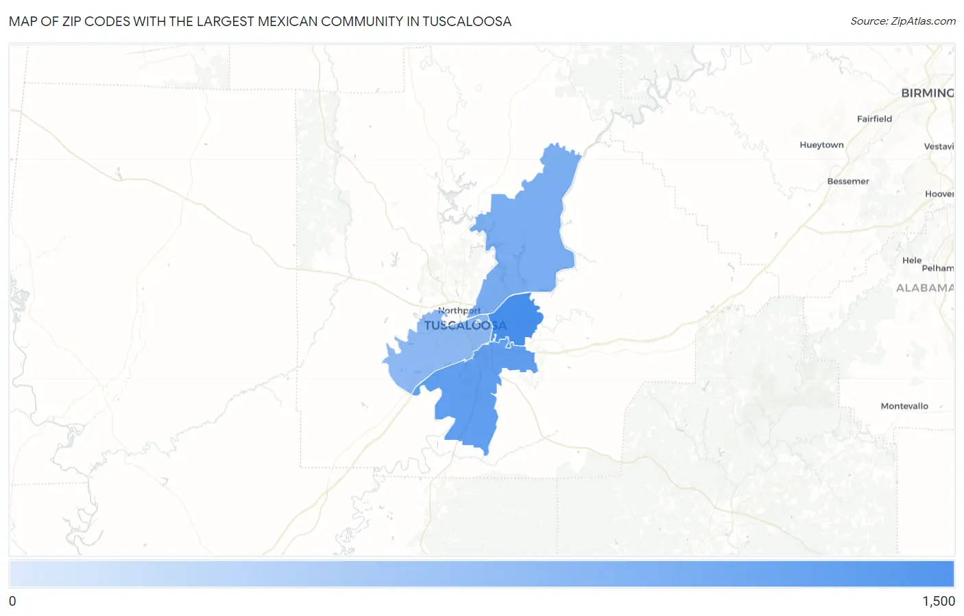 Zip Codes with the Largest Mexican Community in Tuscaloosa Map