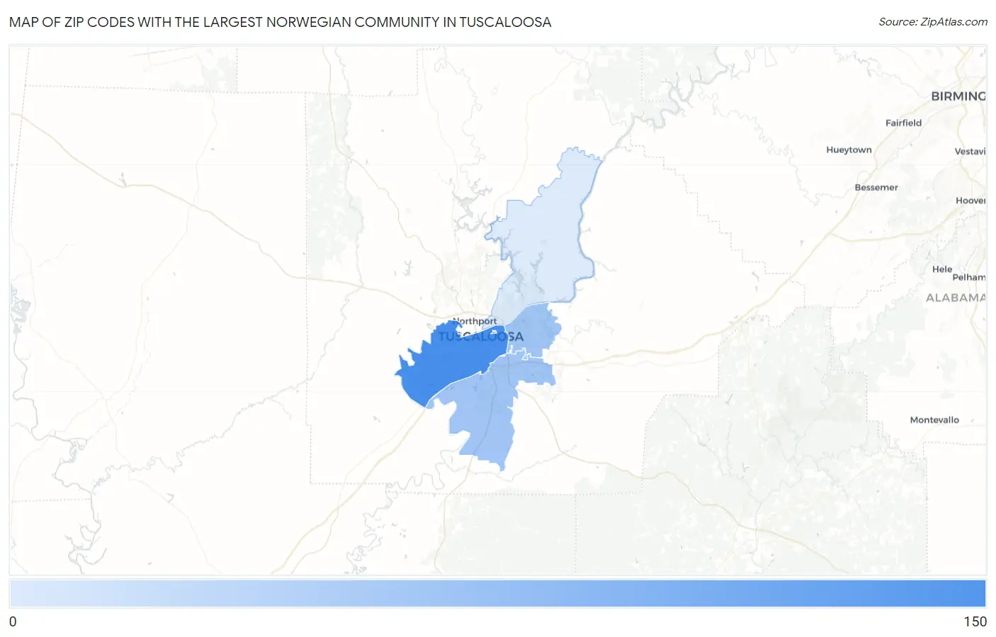 Zip Codes with the Largest Norwegian Community in Tuscaloosa Map