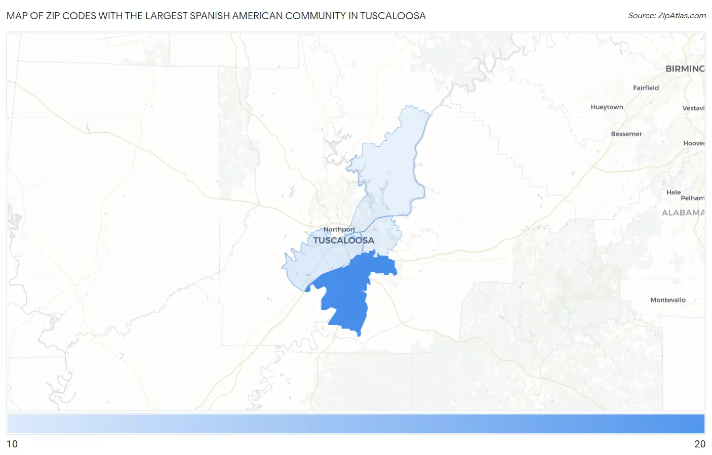 Zip Codes with the Largest Spanish American Community in Tuscaloosa Map