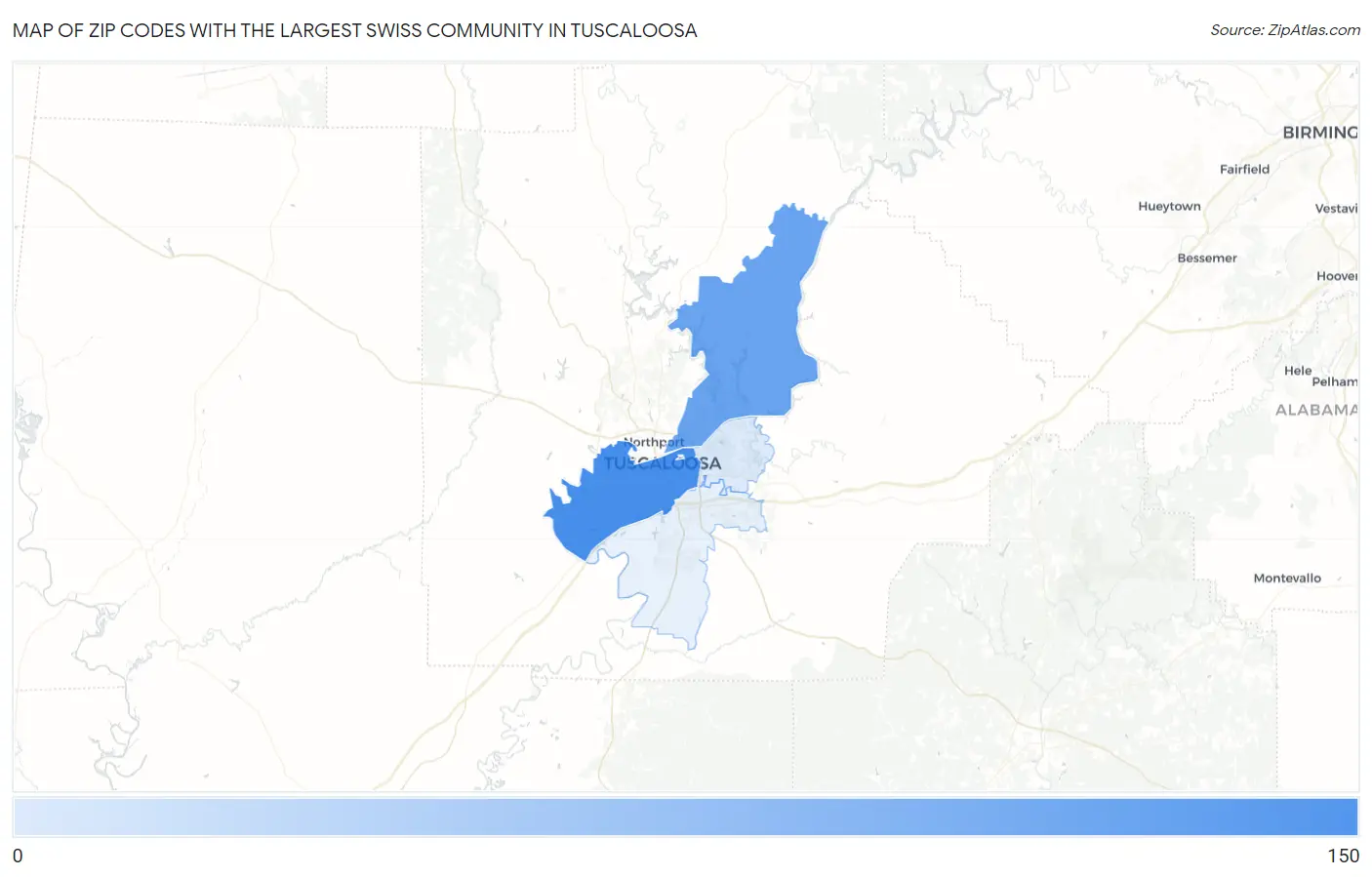 Zip Codes with the Largest Swiss Community in Tuscaloosa Map