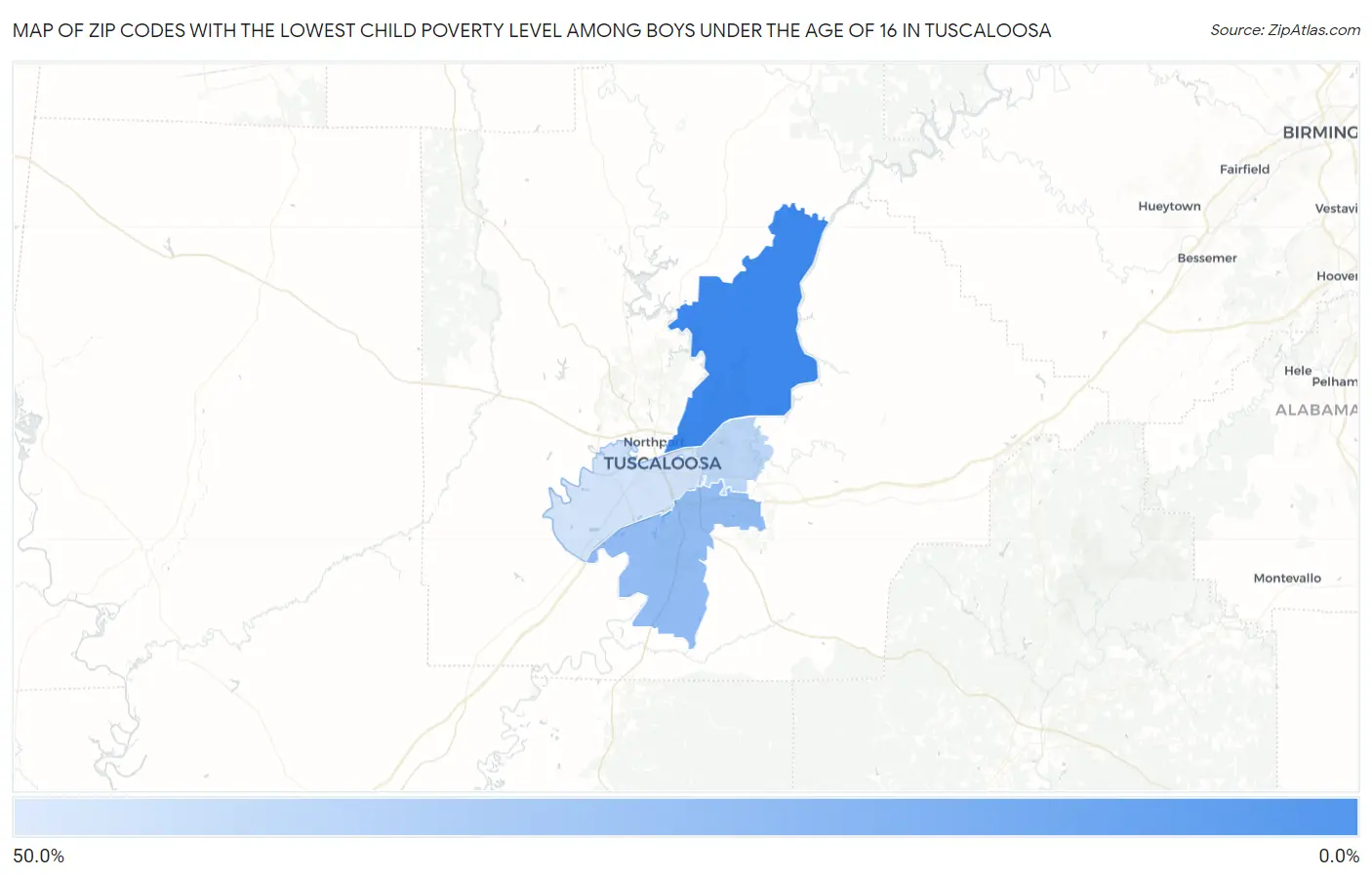 Zip Codes with the Lowest Child Poverty Level Among Boys Under the Age of 16 in Tuscaloosa Map