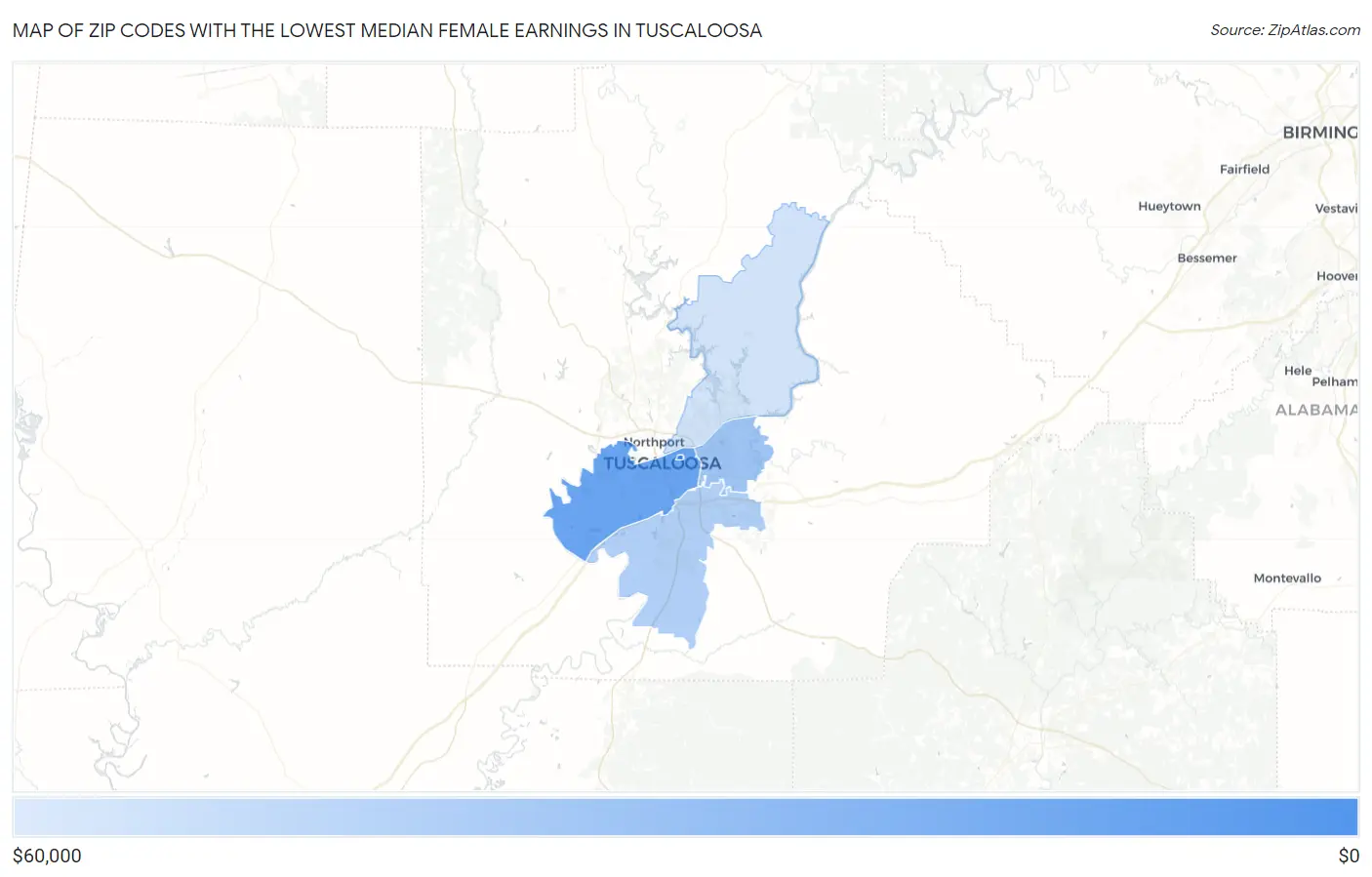 Zip Codes with the Lowest Median Female Earnings in Tuscaloosa Map