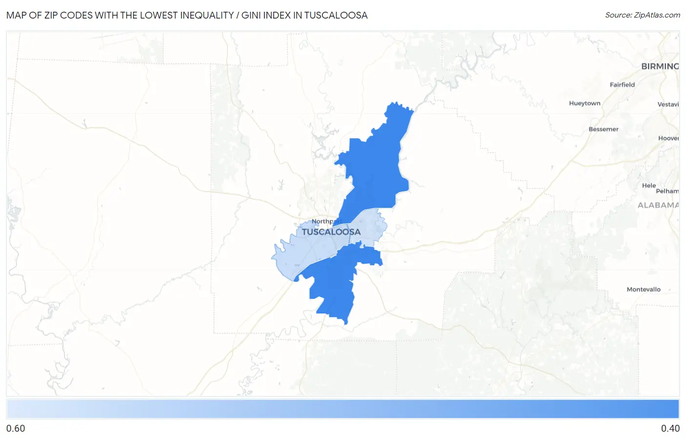 Zip Codes with the Lowest Inequality / Gini Index in Tuscaloosa Map