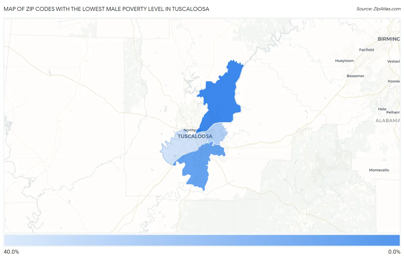 Zip Codes with the Lowest Male Poverty Level in Tuscaloosa Map