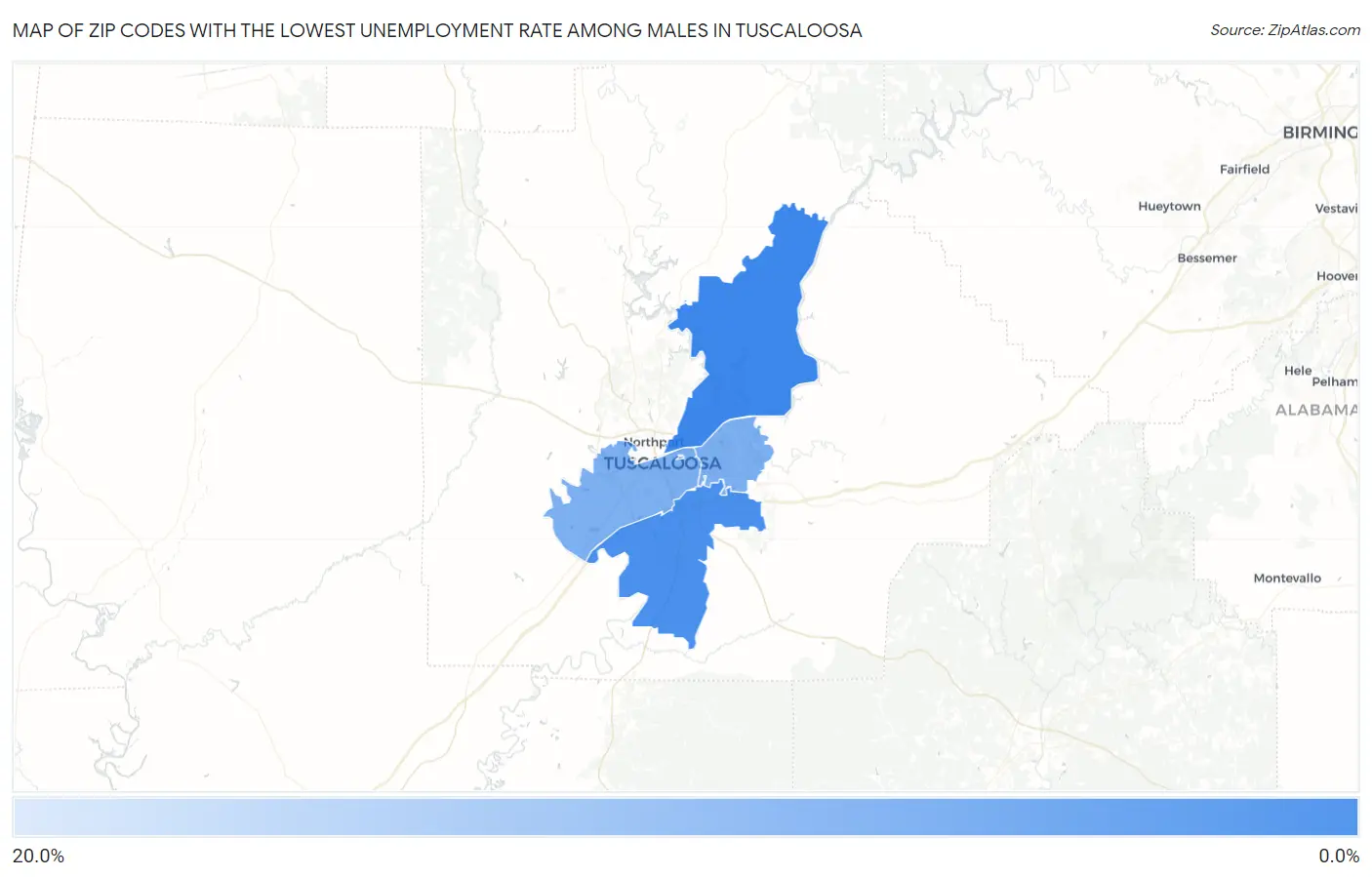 Zip Codes with the Lowest Unemployment Rate Among Males in Tuscaloosa Map