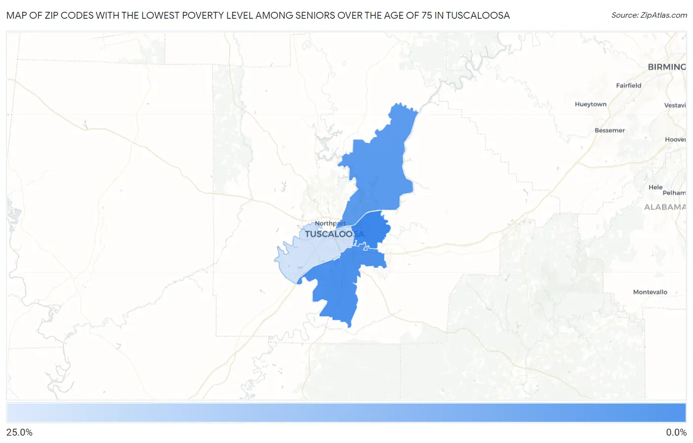 Zip Codes with the Lowest Poverty Level Among Seniors Over the Age of 75 in Tuscaloosa Map