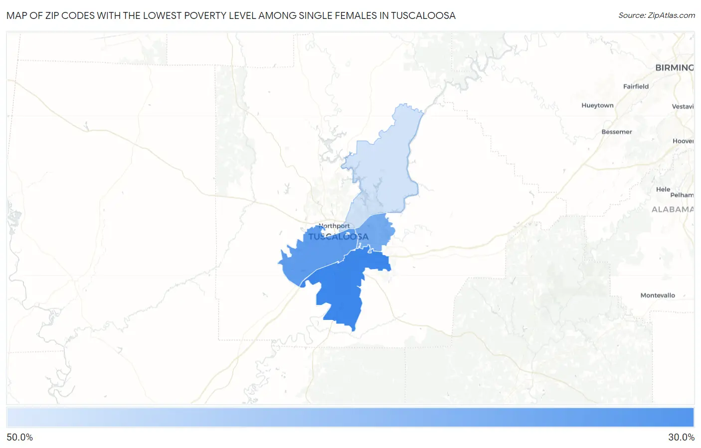 Zip Codes with the Lowest Poverty Level Among Single Females in Tuscaloosa Map