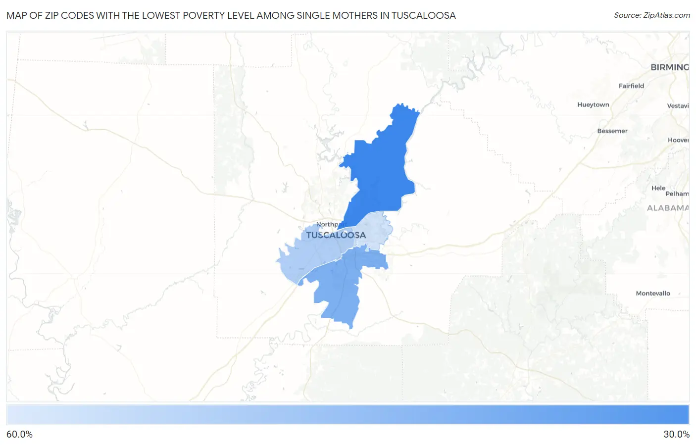 Zip Codes with the Lowest Poverty Level Among Single Mothers in Tuscaloosa Map