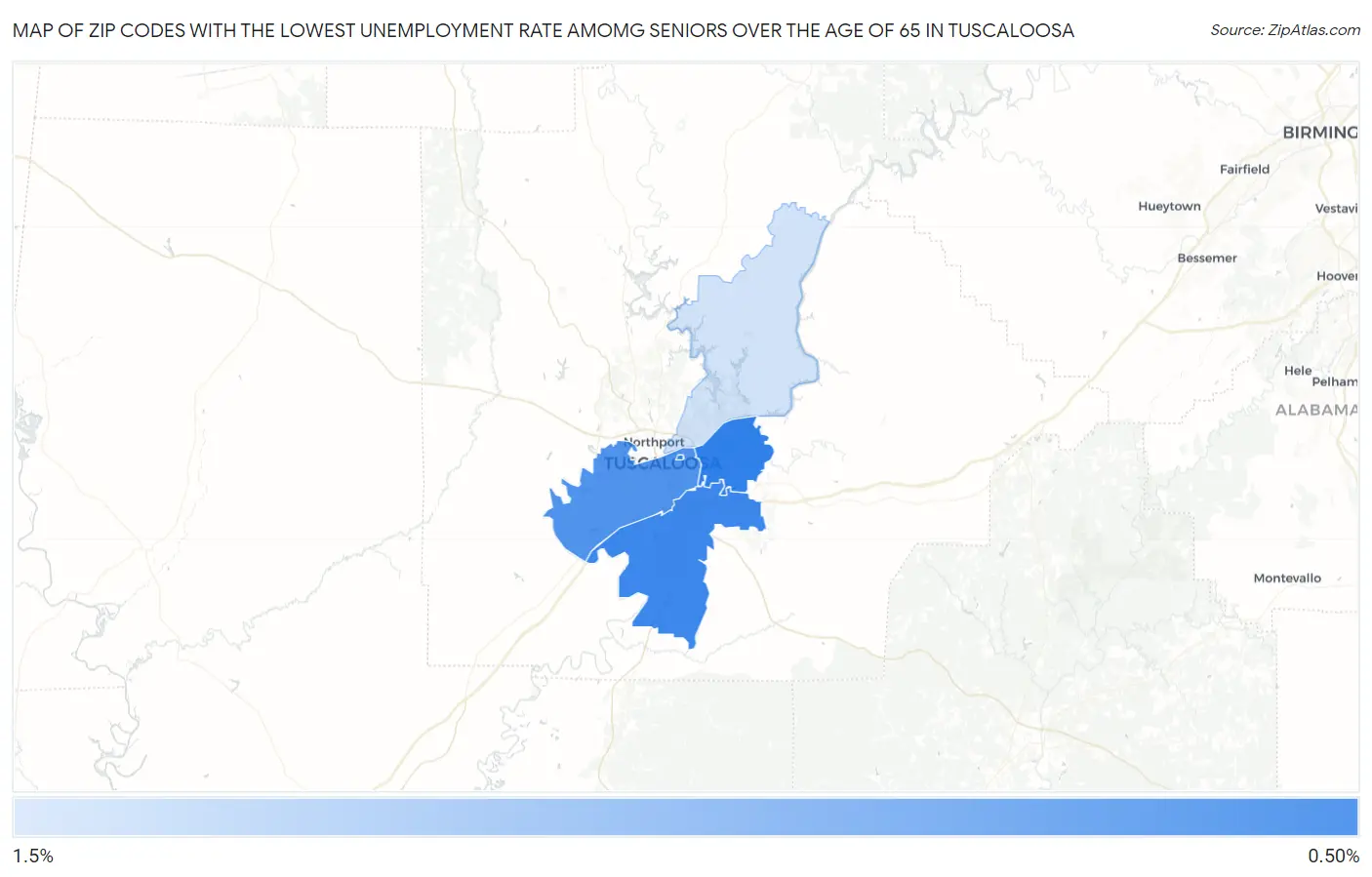 Zip Codes with the Lowest Unemployment Rate Amomg Seniors Over the Age of 65 in Tuscaloosa Map