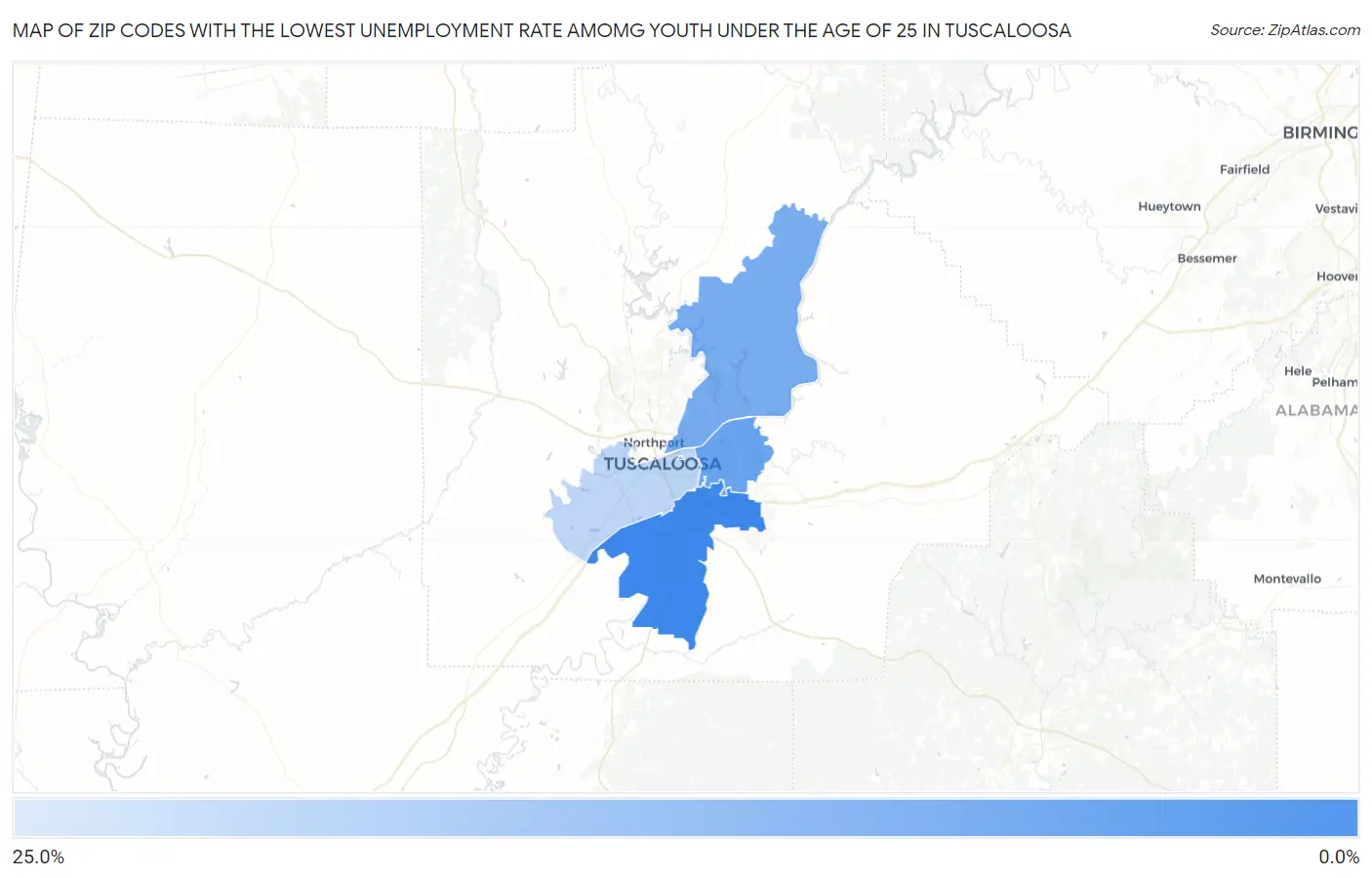 Zip Codes with the Lowest Unemployment Rate Amomg Youth Under the Age of 25 in Tuscaloosa Map