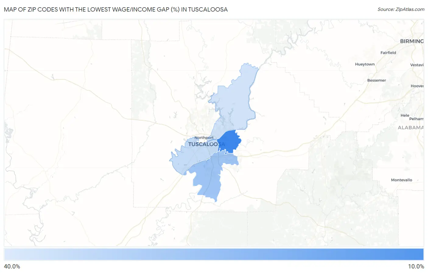 Zip Codes with the Lowest Wage/Income Gap (%) in Tuscaloosa Map