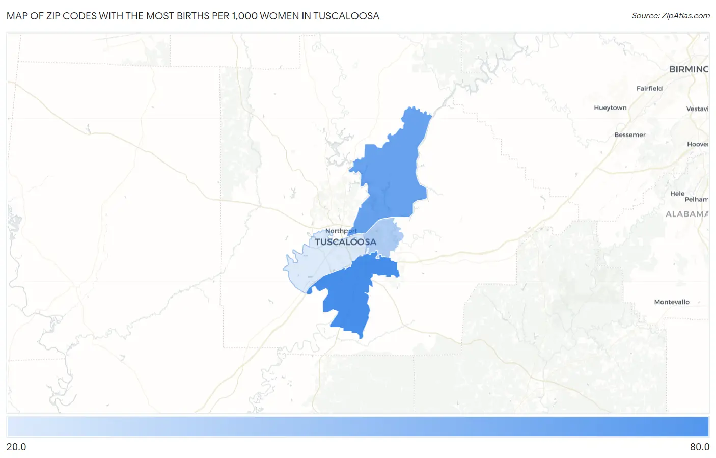 Zip Codes with the Most Births per 1,000 Women in Tuscaloosa Map