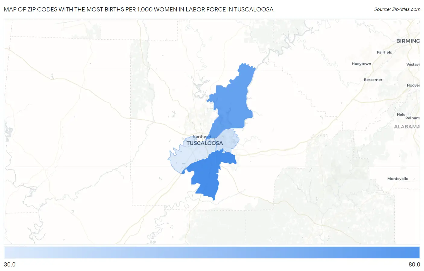 Zip Codes with the Most Births per 1,000 Women in Labor Force in Tuscaloosa Map