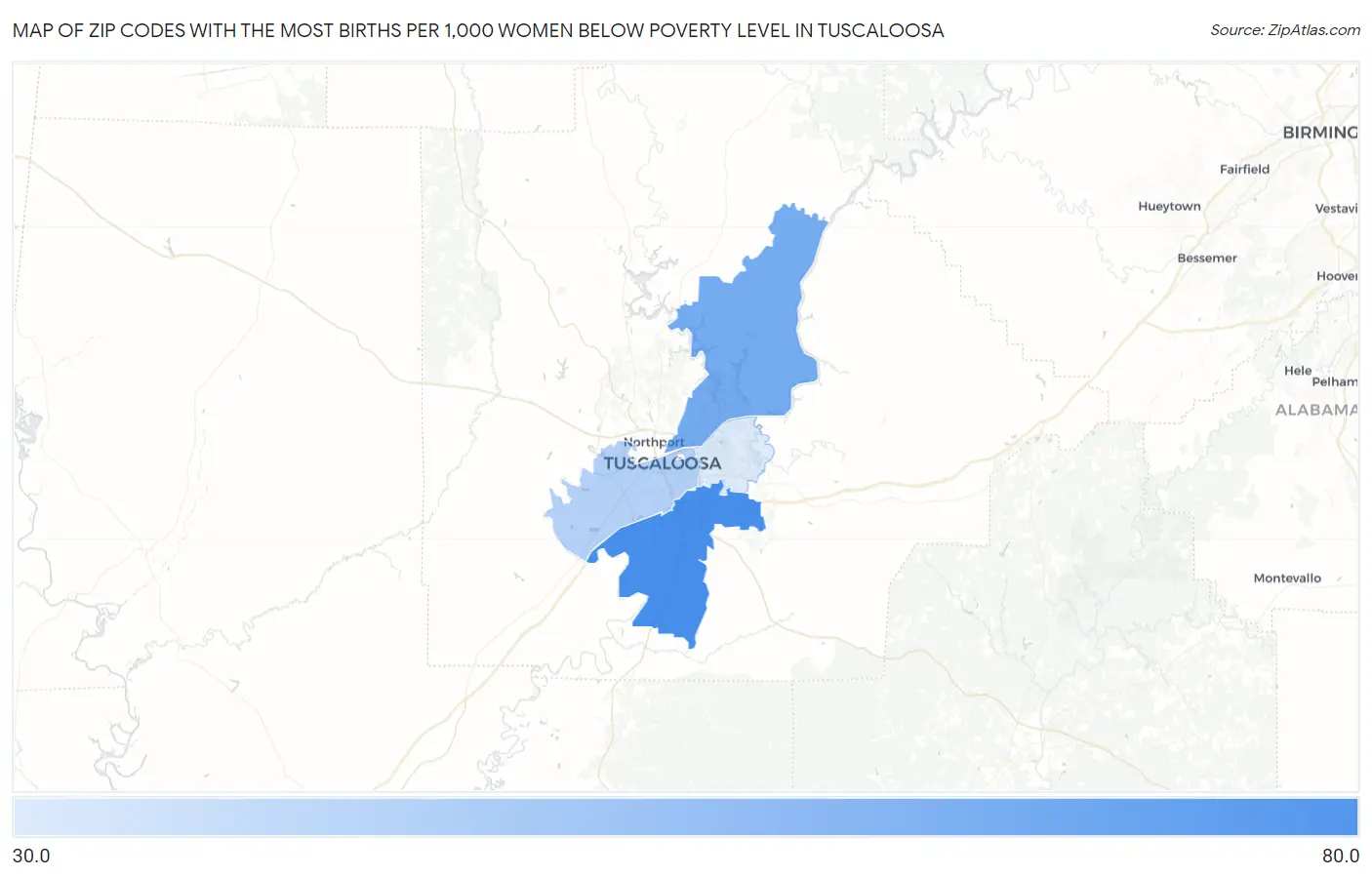 Zip Codes with the Most Births per 1,000 Women Below Poverty Level in Tuscaloosa Map