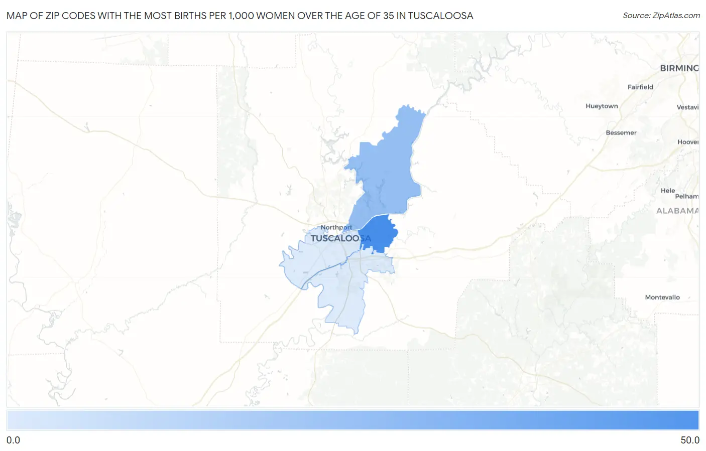 Zip Codes with the Most Births per 1,000 Women Over the Age of 35 in Tuscaloosa Map