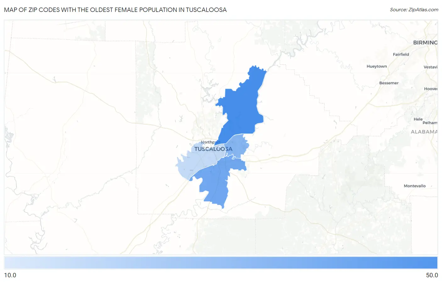 Zip Codes with the Oldest Female Population in Tuscaloosa Map