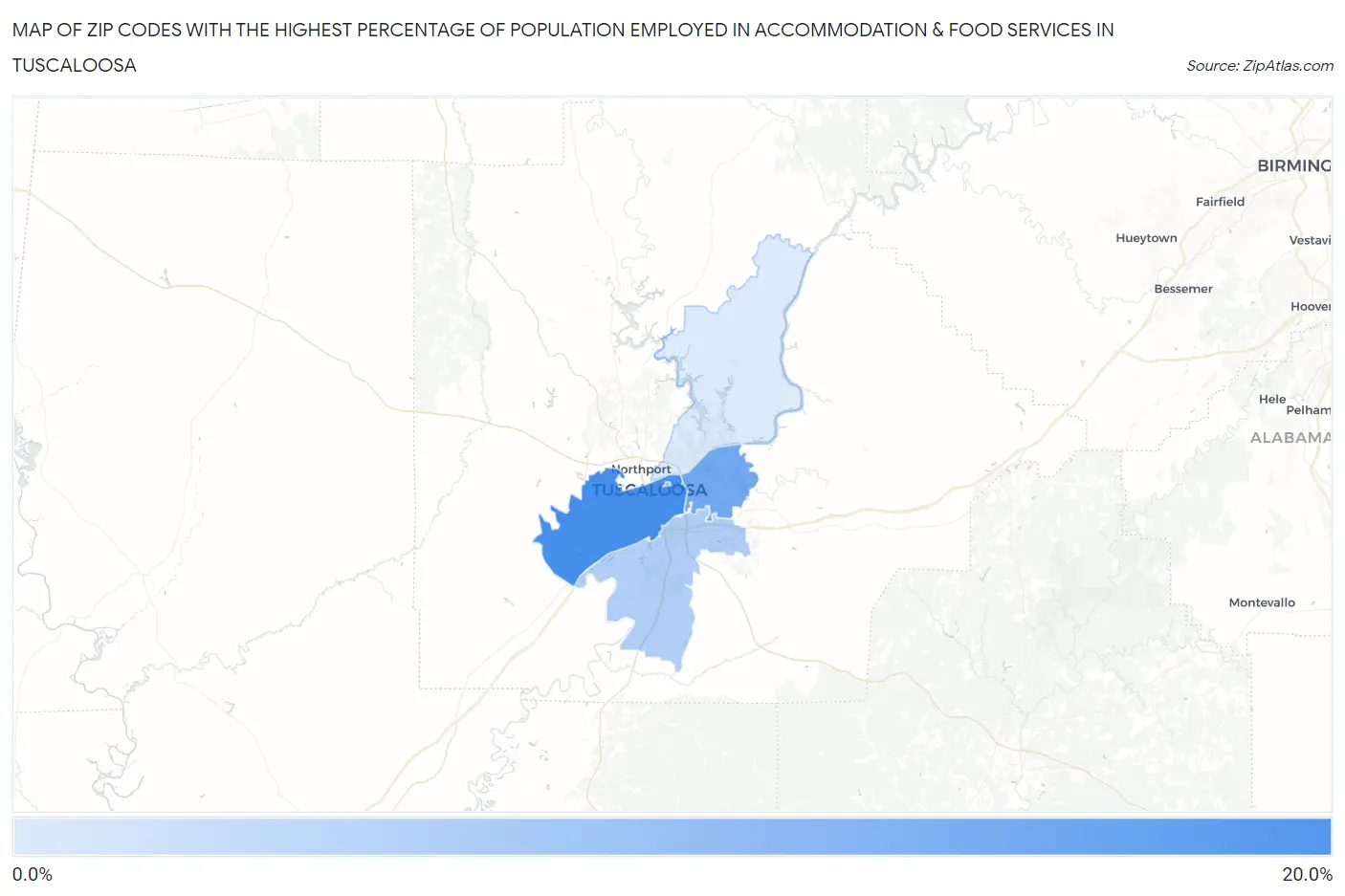 Zip Codes with the Highest Percentage of Population Employed in Accommodation & Food Services in Tuscaloosa Map
