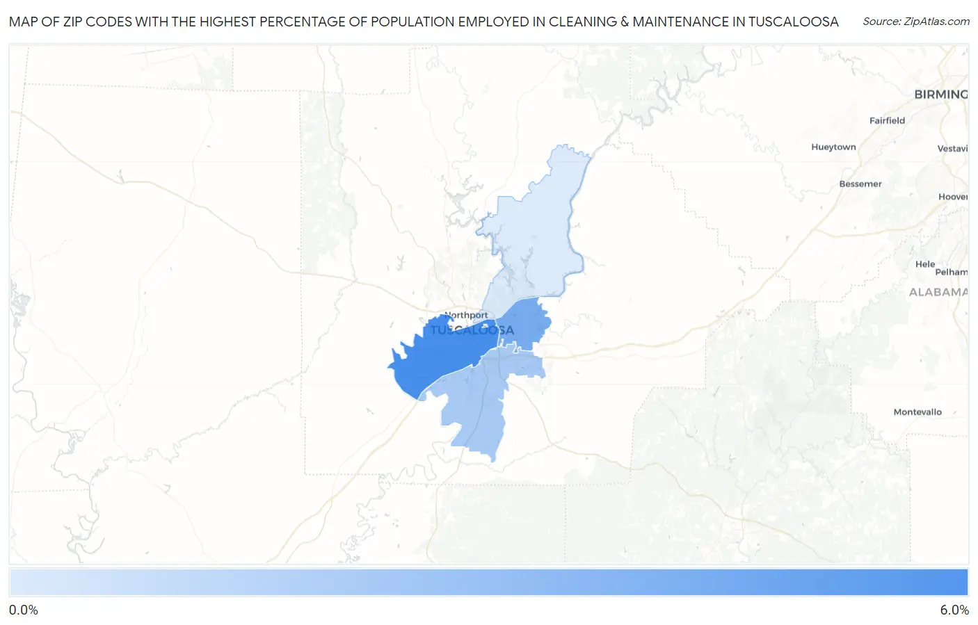 Zip Codes with the Highest Percentage of Population Employed in Cleaning & Maintenance in Tuscaloosa Map