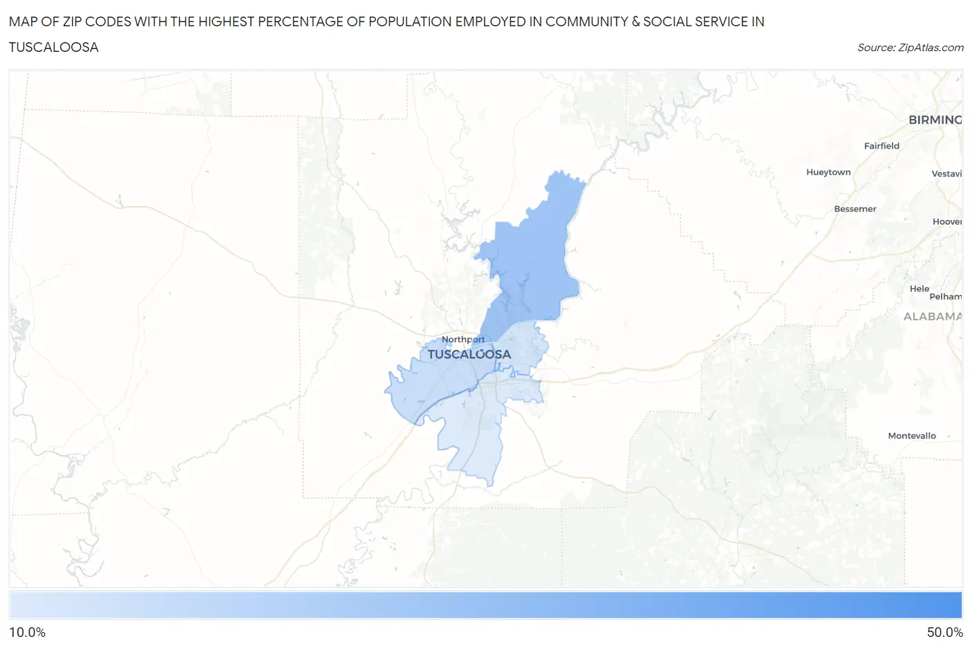 Zip Codes with the Highest Percentage of Population Employed in Community & Social Service  in Tuscaloosa Map
