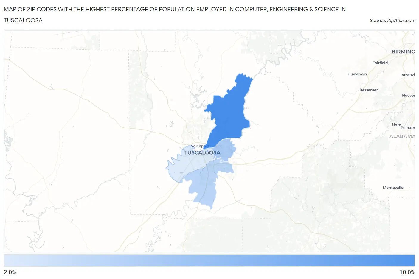 Zip Codes with the Highest Percentage of Population Employed in Computer, Engineering & Science in Tuscaloosa Map