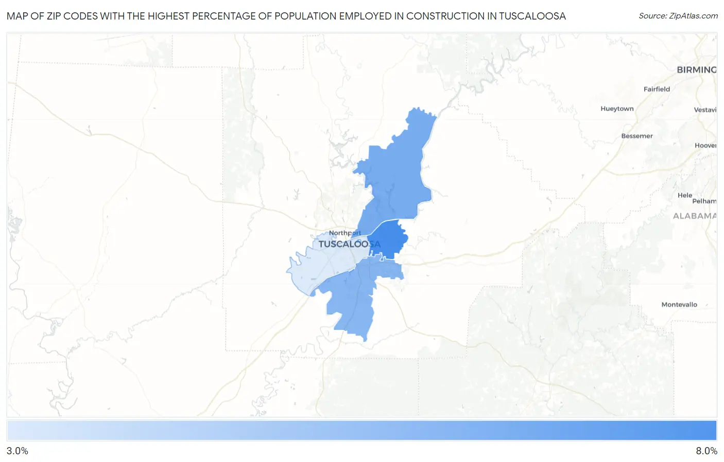 Zip Codes with the Highest Percentage of Population Employed in Construction in Tuscaloosa Map