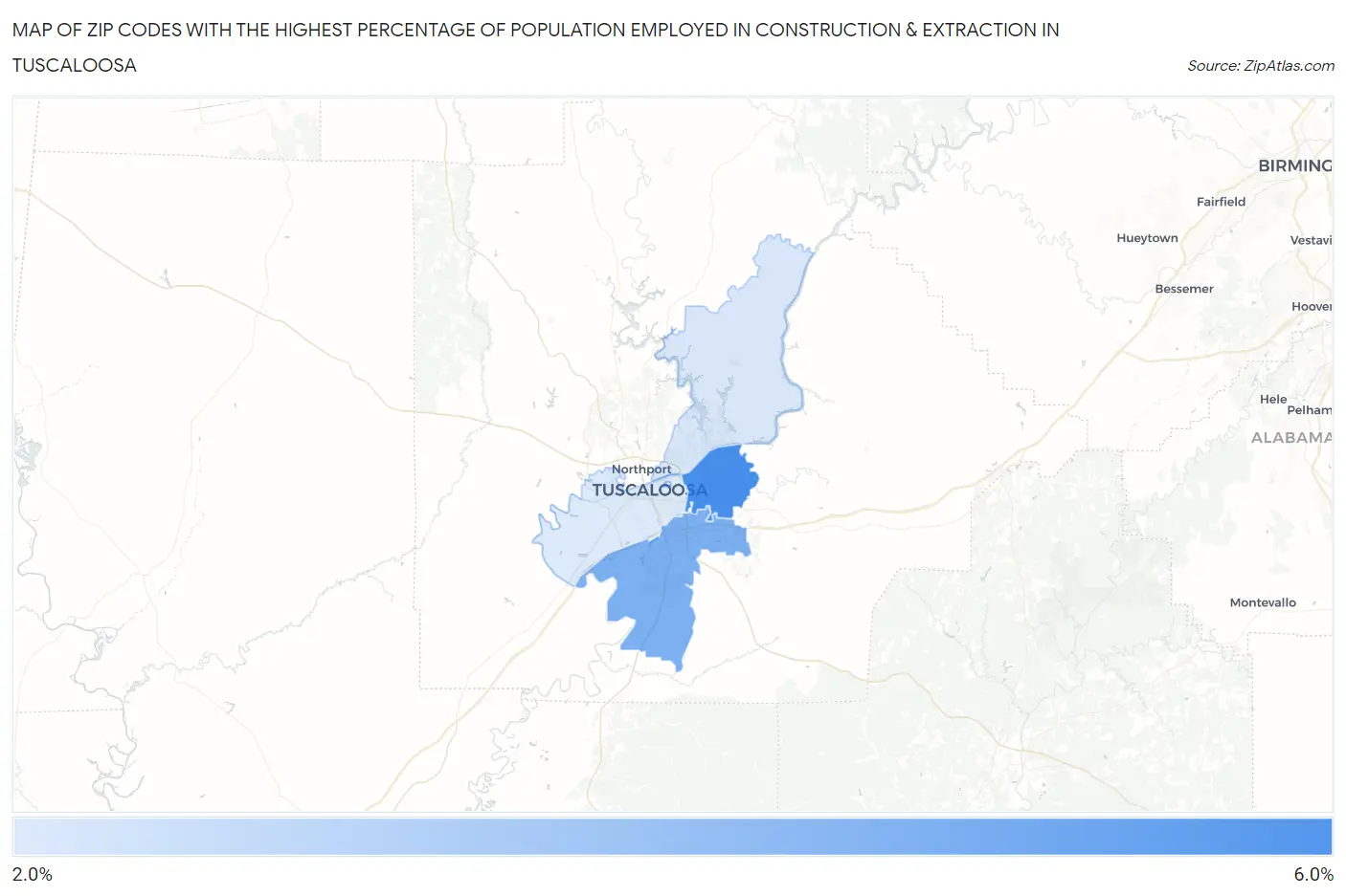 Zip Codes with the Highest Percentage of Population Employed in Construction & Extraction in Tuscaloosa Map