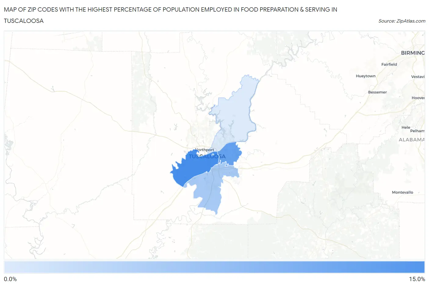 Zip Codes with the Highest Percentage of Population Employed in Food Preparation & Serving in Tuscaloosa Map