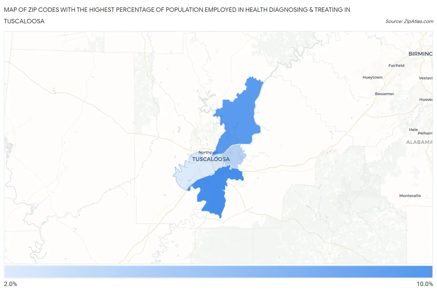 Zip Codes with the Highest Percentage of Population Employed in Health Diagnosing & Treating in Tuscaloosa Map