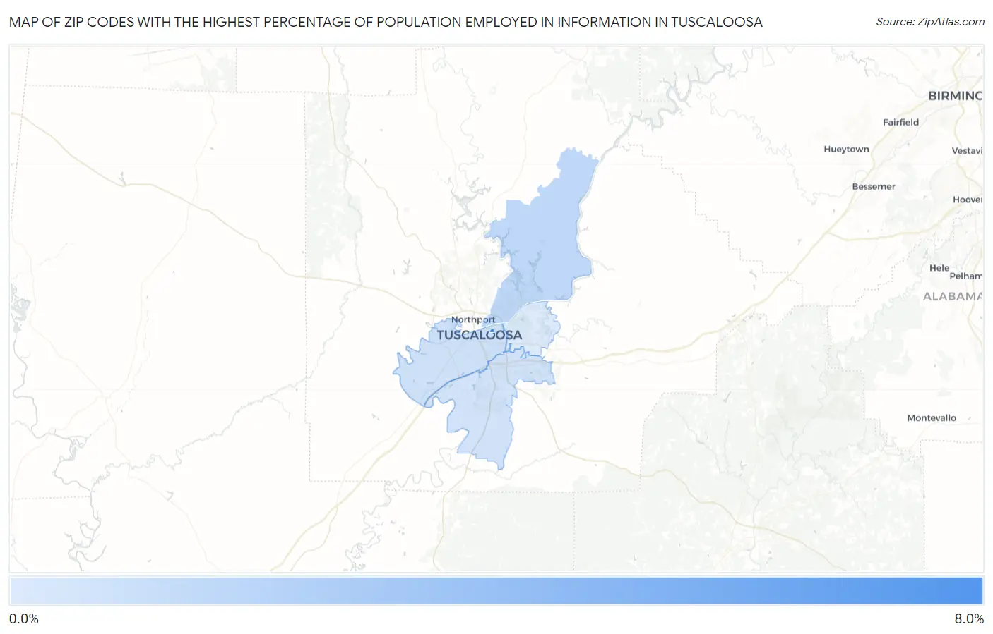 Zip Codes with the Highest Percentage of Population Employed in Information in Tuscaloosa Map