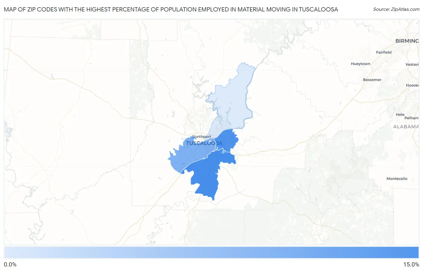 Zip Codes with the Highest Percentage of Population Employed in Material Moving in Tuscaloosa Map