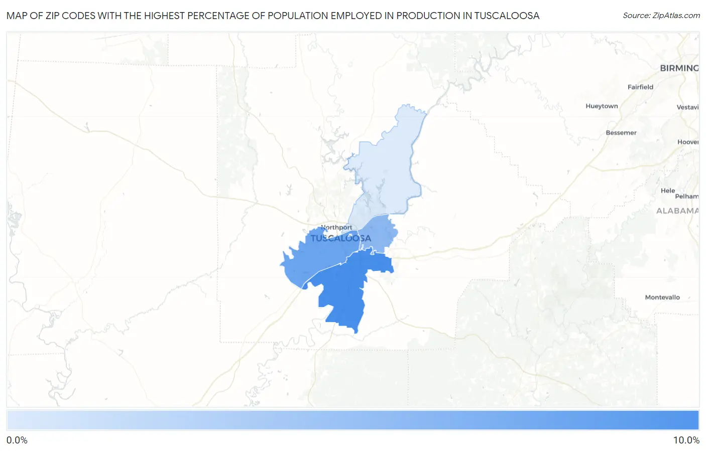 Zip Codes with the Highest Percentage of Population Employed in Production in Tuscaloosa Map