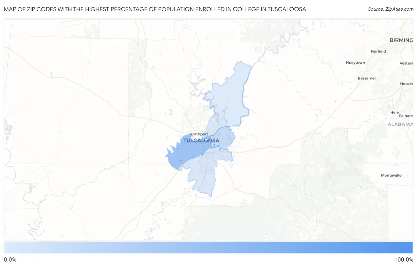 Zip Codes with the Highest Percentage of Population Enrolled in College in Tuscaloosa Map