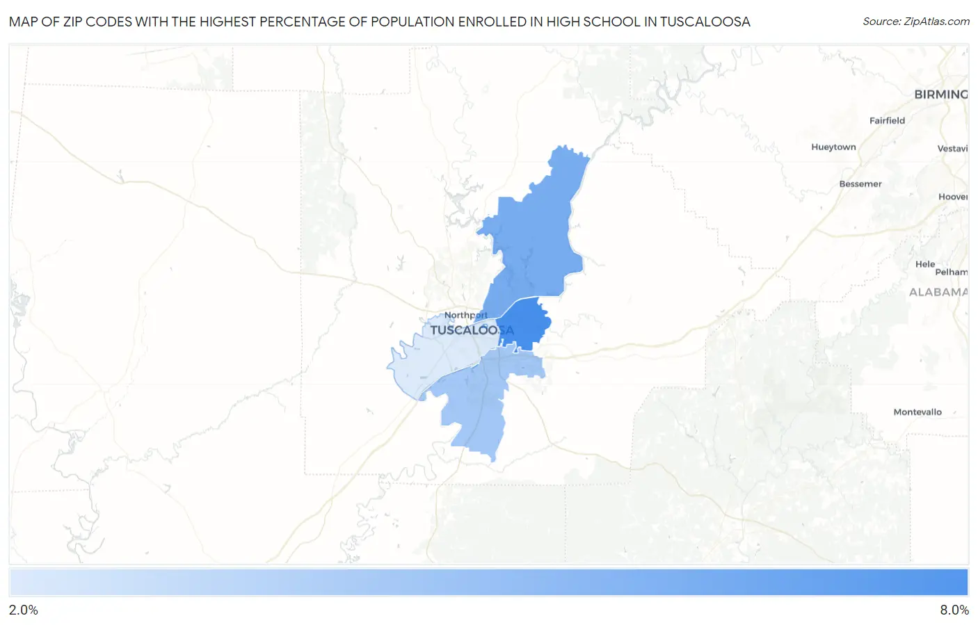 Zip Codes with the Highest Percentage of Population Enrolled in High School in Tuscaloosa Map