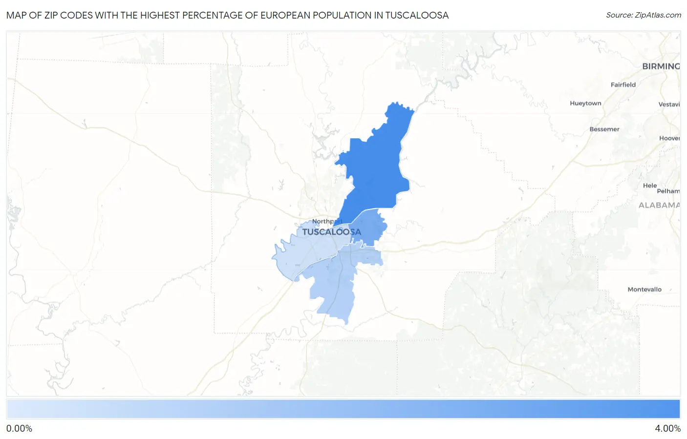 Zip Codes with the Highest Percentage of European Population in Tuscaloosa Map