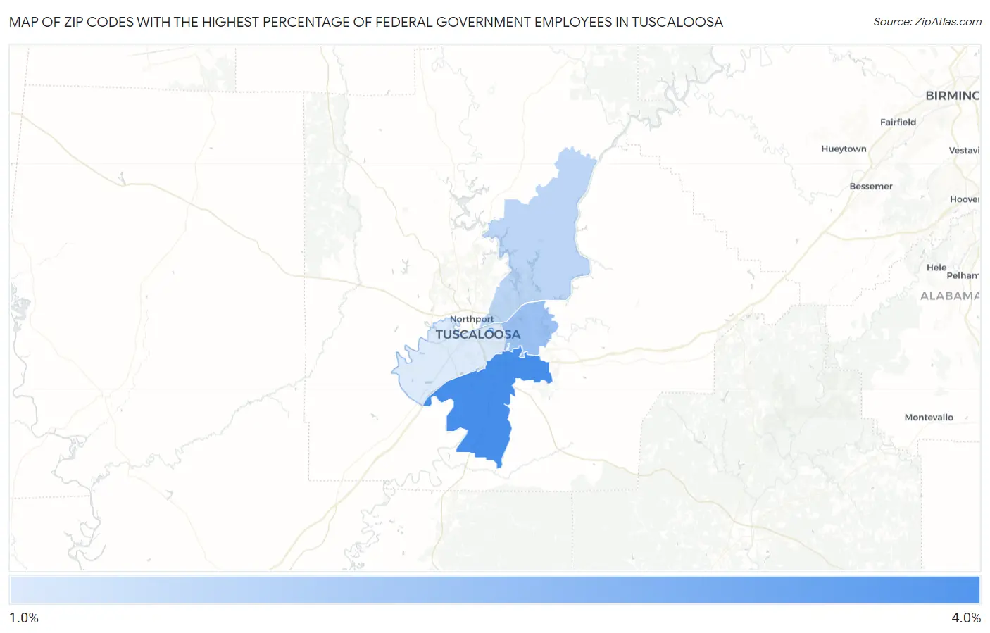 Zip Codes with the Highest Percentage of Federal Government Employees in Tuscaloosa Map
