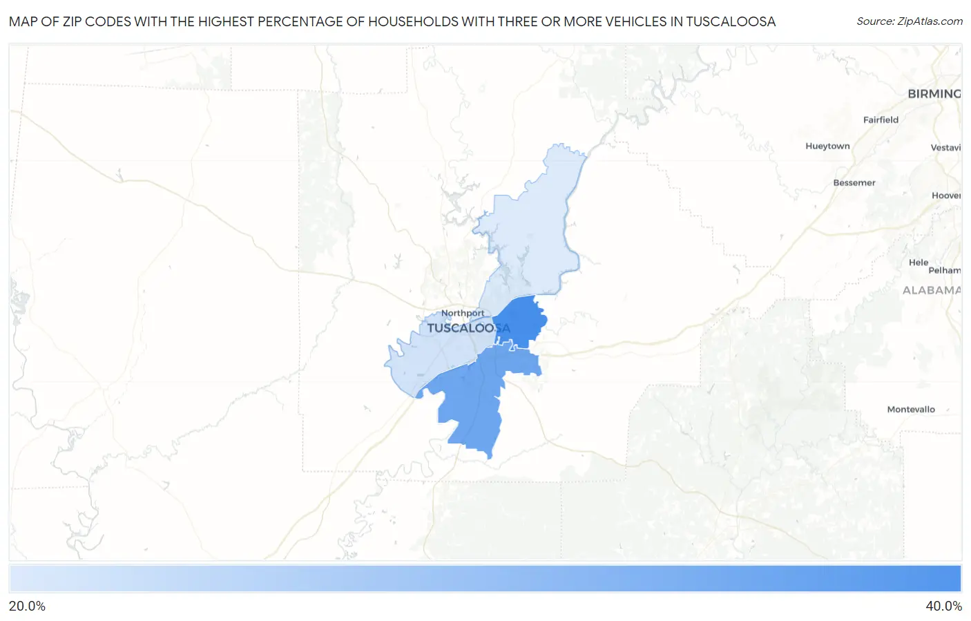 Zip Codes with the Highest Percentage of Households With Three or more Vehicles in Tuscaloosa Map