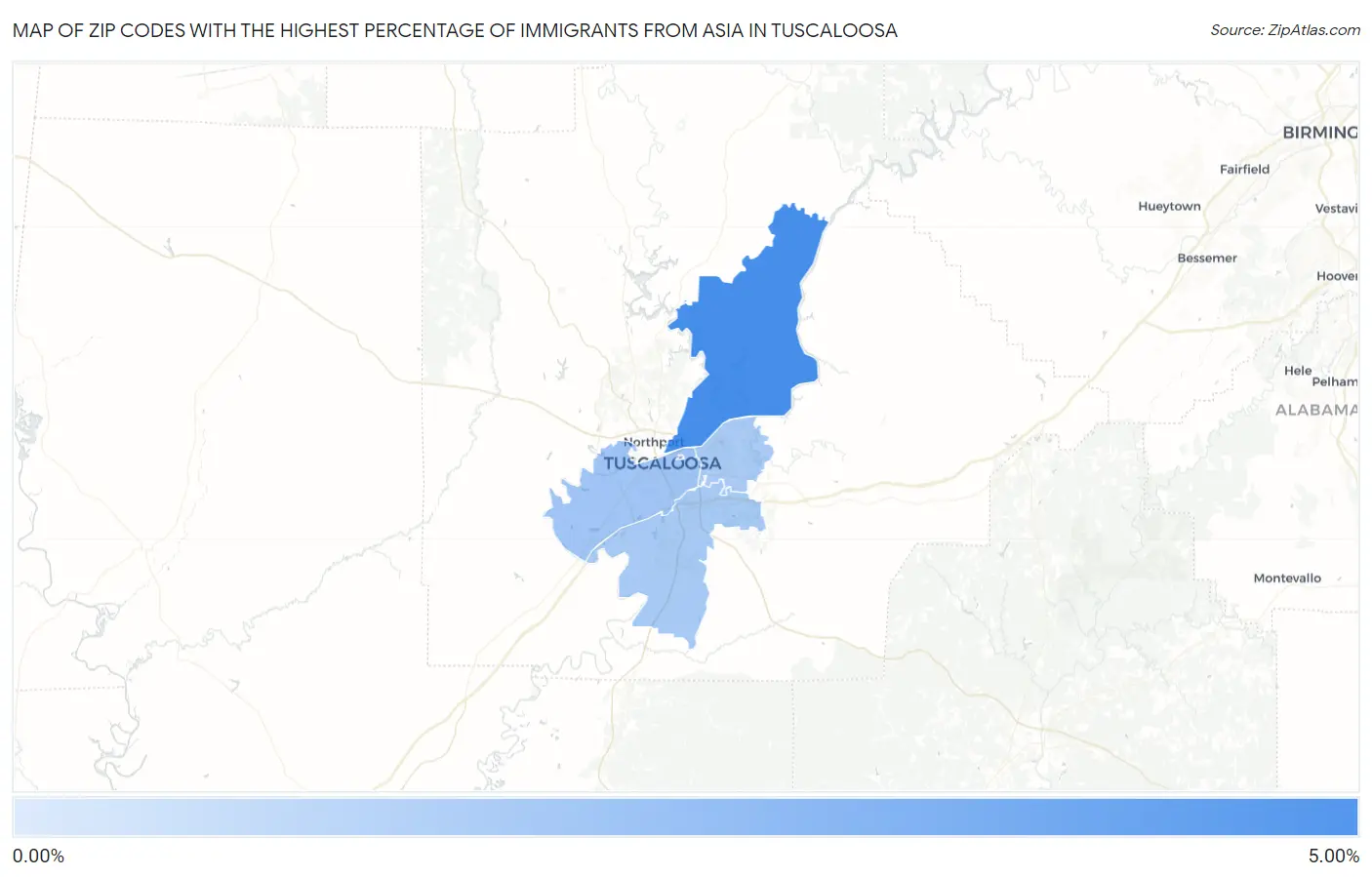 Zip Codes with the Highest Percentage of Immigrants from Asia in Tuscaloosa Map