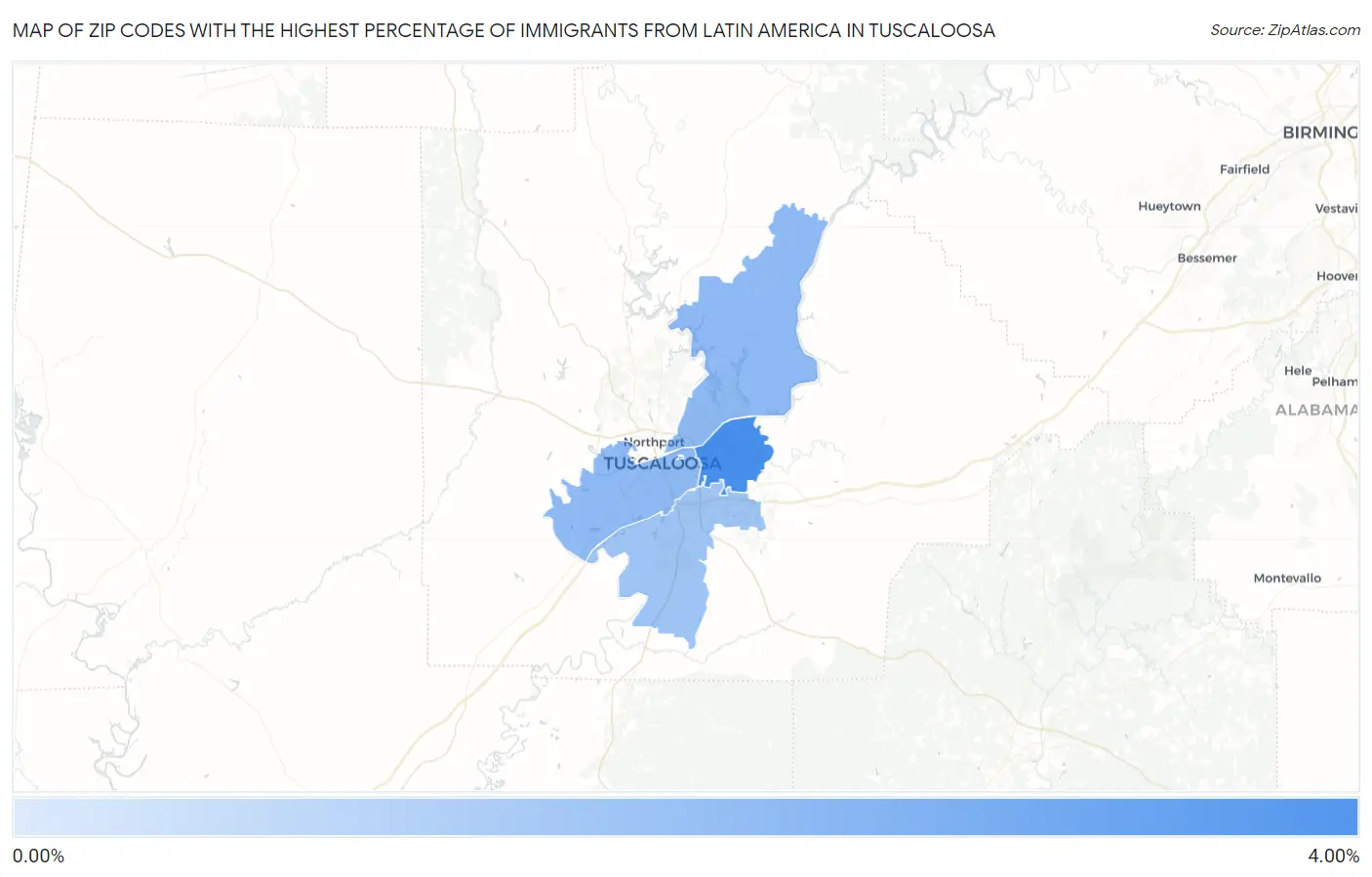 Zip Codes with the Highest Percentage of Immigrants from Latin America in Tuscaloosa Map
