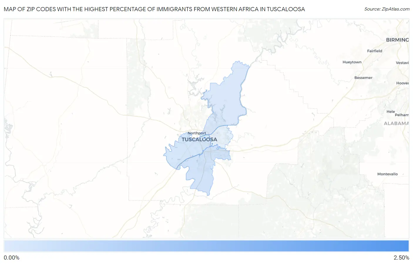 Zip Codes with the Highest Percentage of Immigrants from Western Africa in Tuscaloosa Map