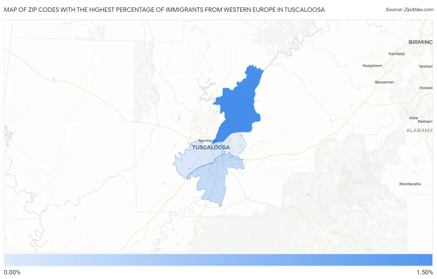 Zip Codes with the Highest Percentage of Immigrants from Western Europe in Tuscaloosa Map